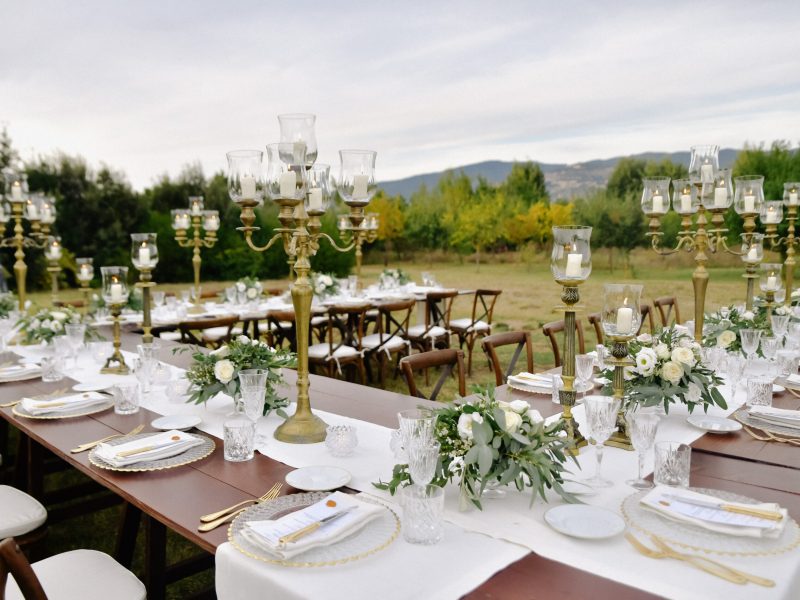 Decorated wedding celebration table with guests seats outdoors in the gardens with a mountain view